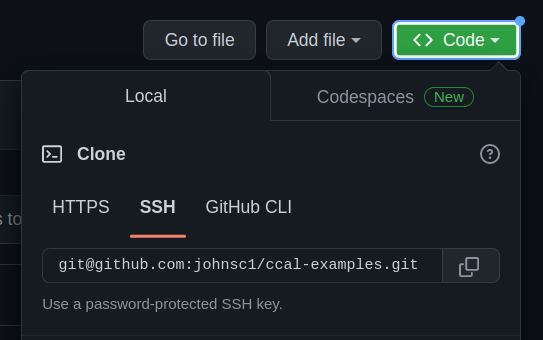 The green button shows a link to use to clone a Github repository