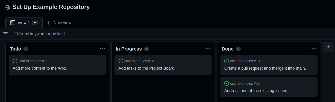 Project board showing one task to do, one task in progress, and two tasks done