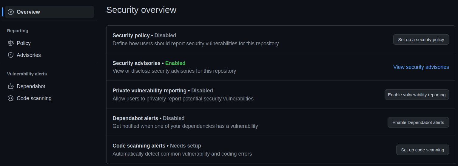 List Security options for the repo such as a security policy setup center.